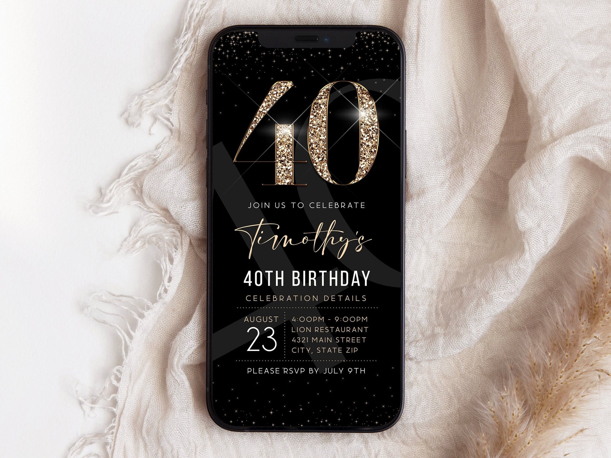Luxury Digital 40th Forty Birthday Evite Invitation Template, Electronic Black Gold Modern Invite, Email Text Message Evite, Phone Invite