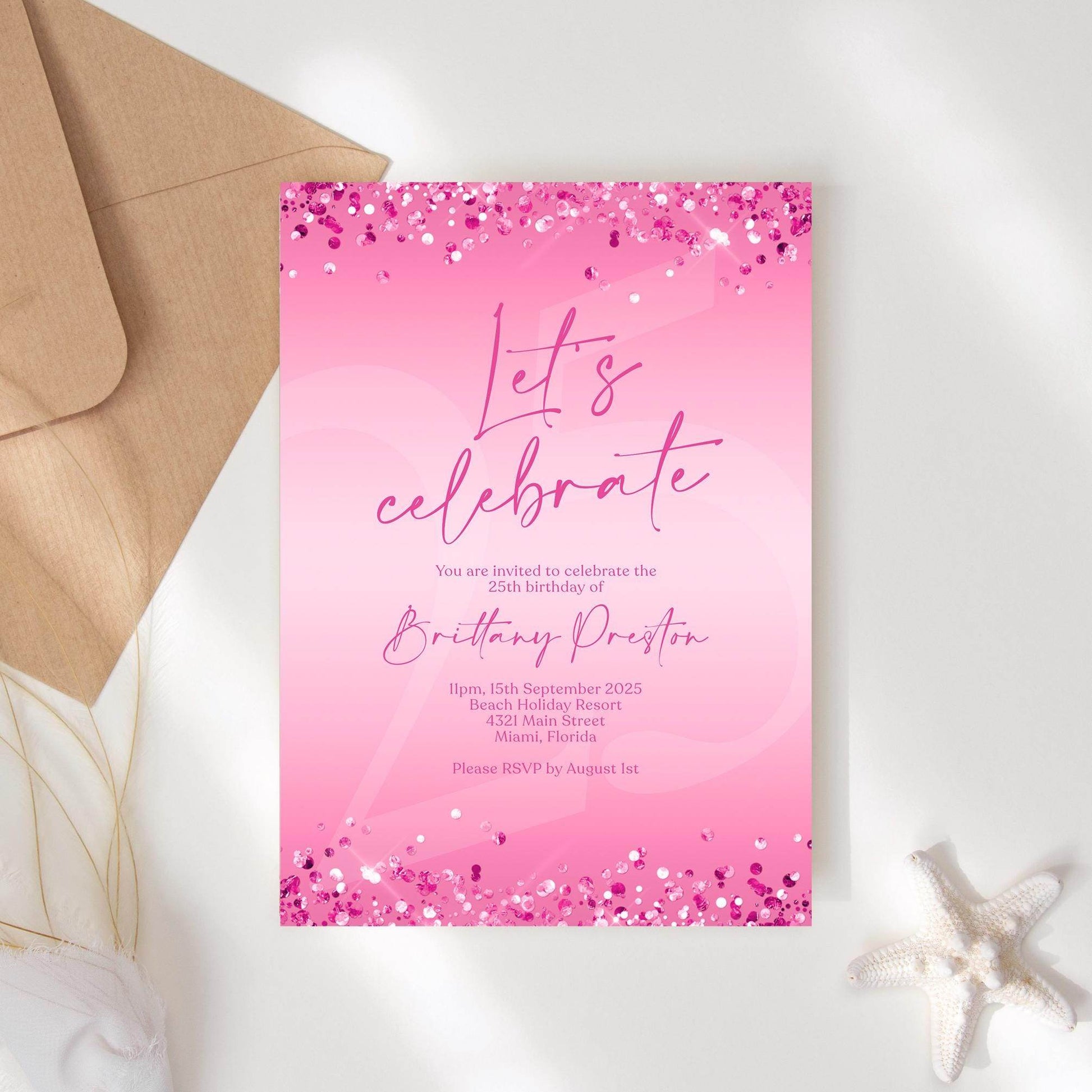 Fuchsia Pink Birthday Invitation Template, Editable Let’s Celebrate Party Evite, Digital Text Message Invite for Women, Any Age, Instant Download