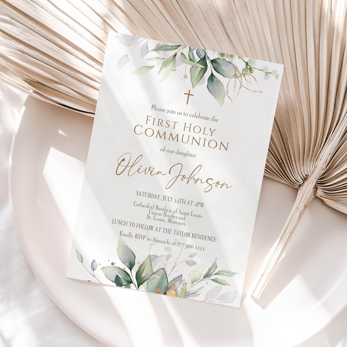 First Communion Invitation Template Printable, Greenery Watercolor Holy Communion Card, Editable Boy Girl Invite, Instant Download