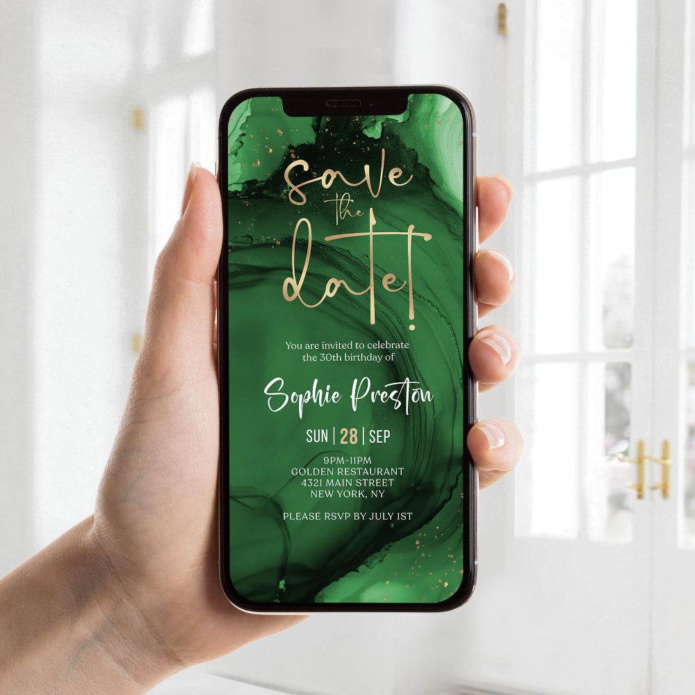 Digital Emerald Green Gold Save the Date Invitation Template | Editable Mobile Birthday Evite | Any Age Text Message Invite | Instant Download