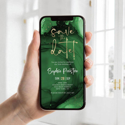 Digital Emerald Green Gold Save the Date Invitation Template | Editable Mobile Birthday Evite | Any Age Text Message Invite | Instant Download