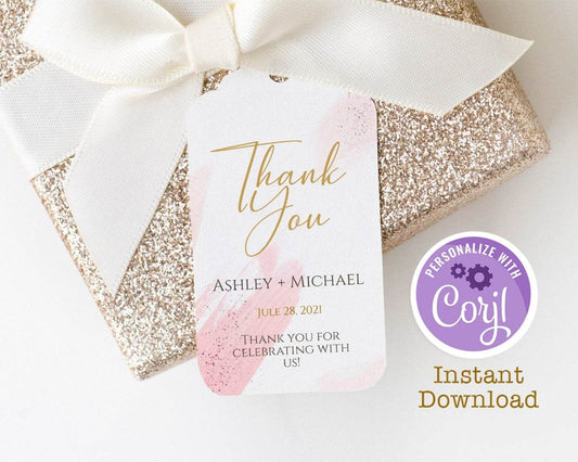 Pink Watercolor Thank You Gift Tag – Editable Favor Tag Template | Printable Gold Wedding Favor Tags | DIY Digital Instant Download