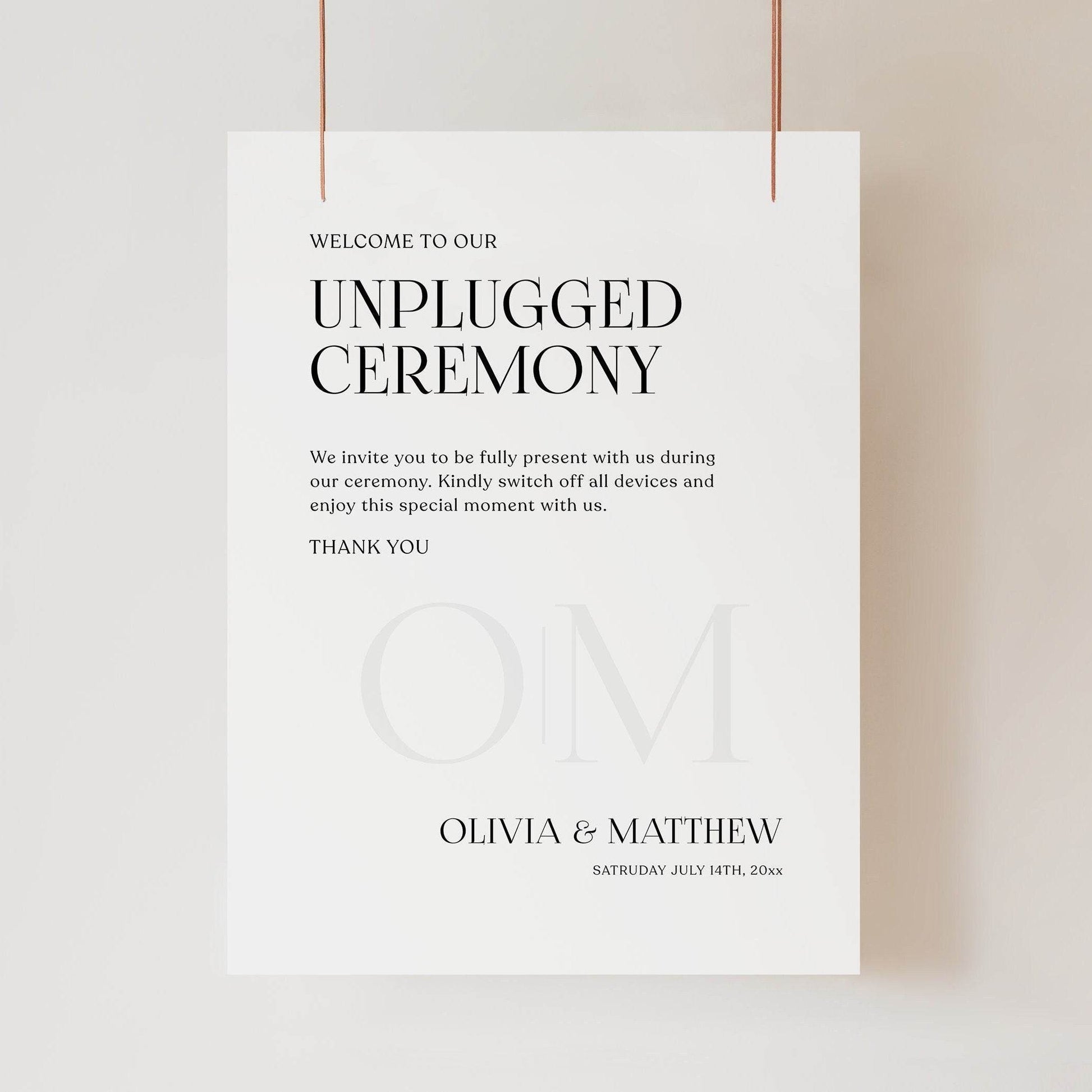 Unplugged Ceremony Welcome Sign Template – Editable Modern & Classic Wedding Poster | Printable Unplugged Wedding Sign | Instant Download