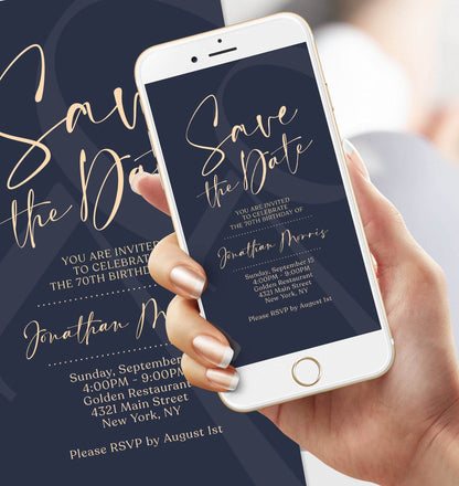 70th Birthday Save the Date Invitation | Editable Navy Digital Evite | Electronic Text Message Template | Seventy Birthday Phone Invite | Instant Download