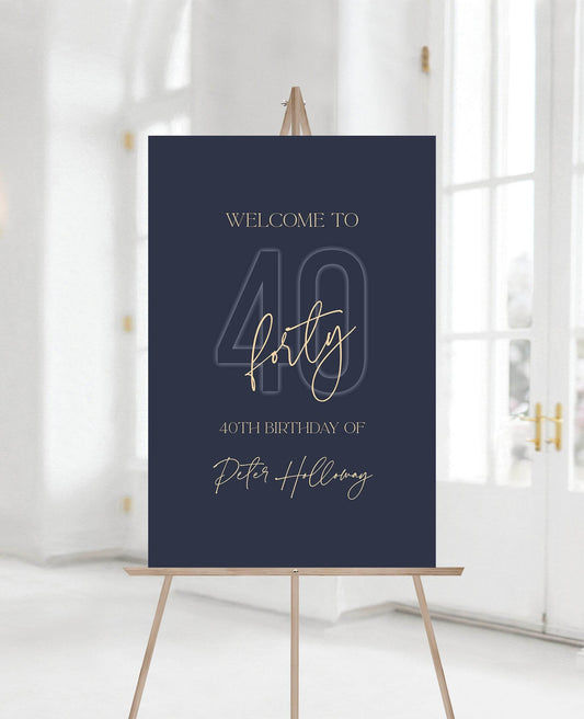 Forty Printable Blue Navy Gold 40th Birthday Welcome Sign Template, Editable Welcome Sign Poster, Birthday Decorations, Instant Download DIY