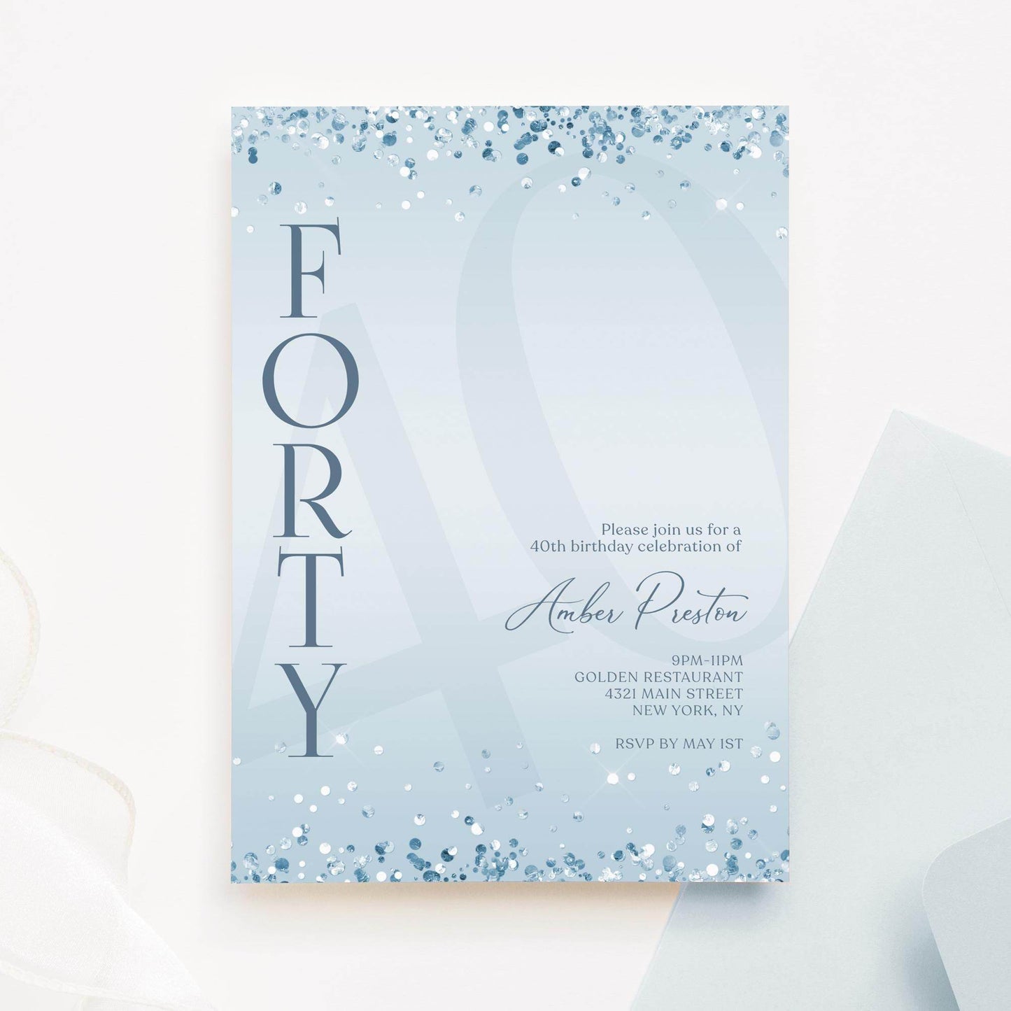 40th Birthday Invitation Template | Editable Blue Confetti | Printable Forty Card | Instant Download