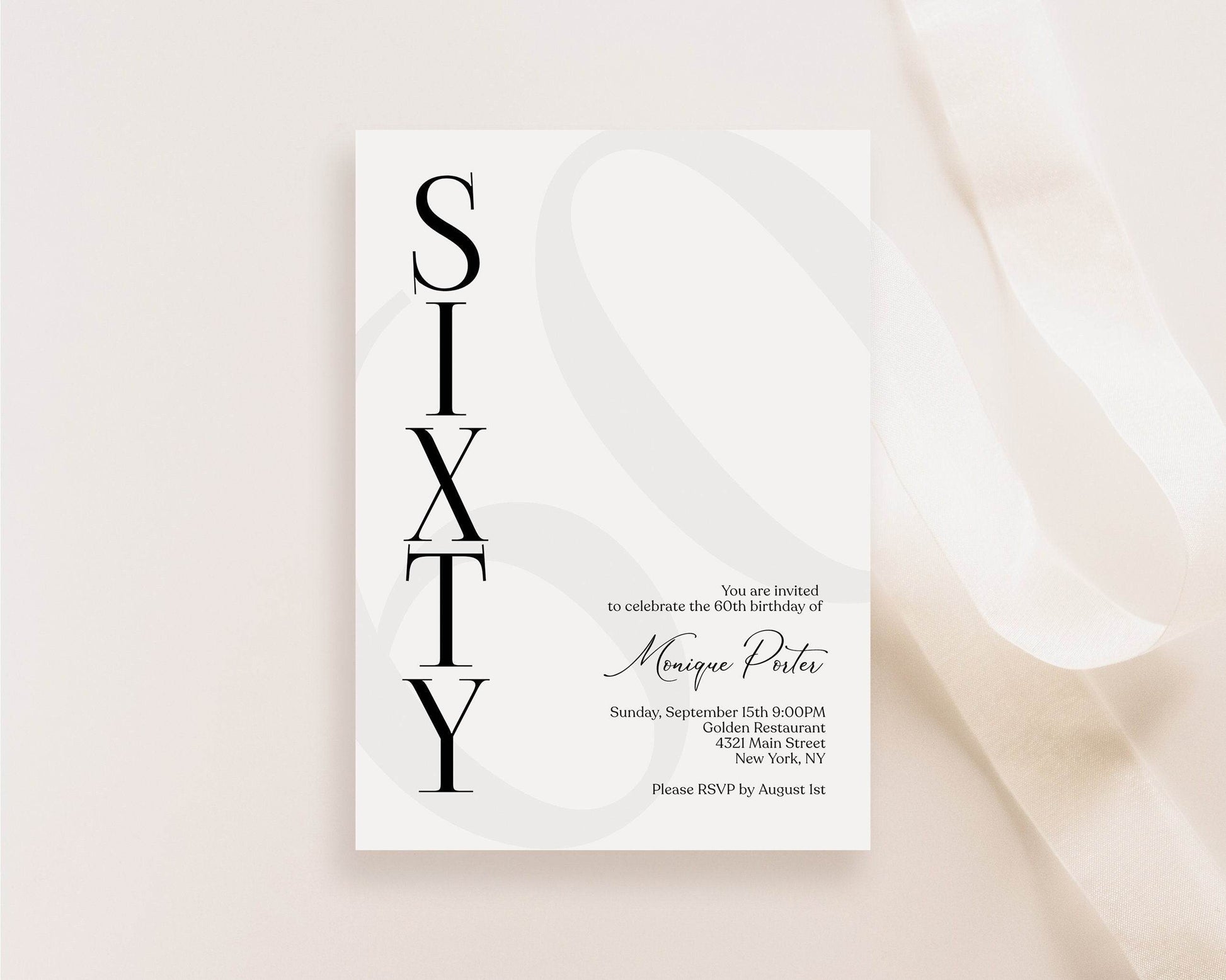 Simple 60th Birthday Invitation Template, Printable Black and White Editable Invite, Modern Elegant Sixty Birthday Party Invitation
