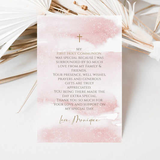 Printable Thank You Card Template, First Holy Communion Thank You Cards, Baptism Thank You Card, Editable Pink Watercolor Thank You Card 4x6