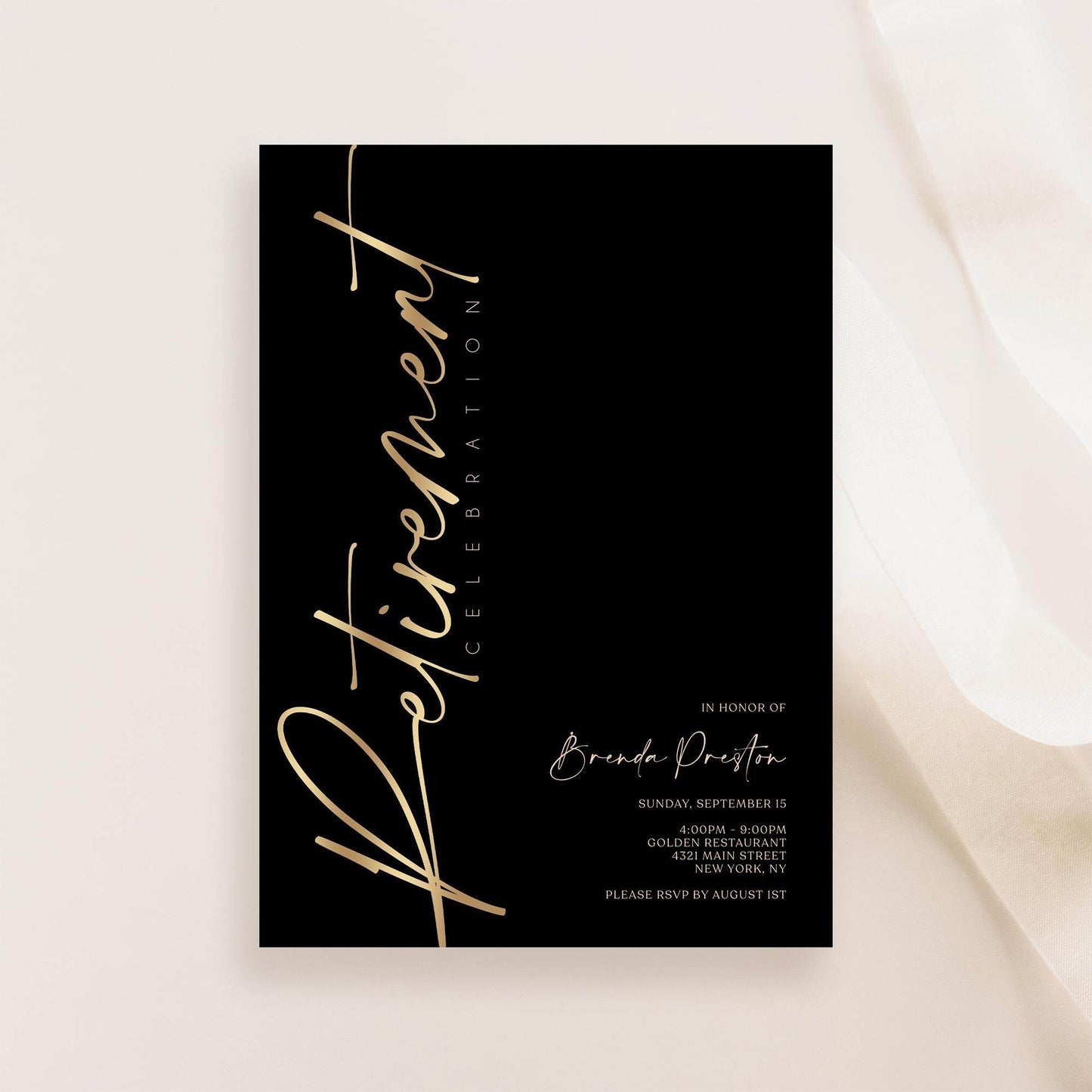 Black Gold Retirement Invitation, Printable Elegant Retirement Party Invite, Editable Retirement Card Template, Digital Instant Download