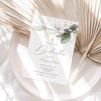 Editable Dedication Invitation Card Template, Printable Greenery Dedication Invite, Boy Girl Baptism Invitation, Digital Template Download