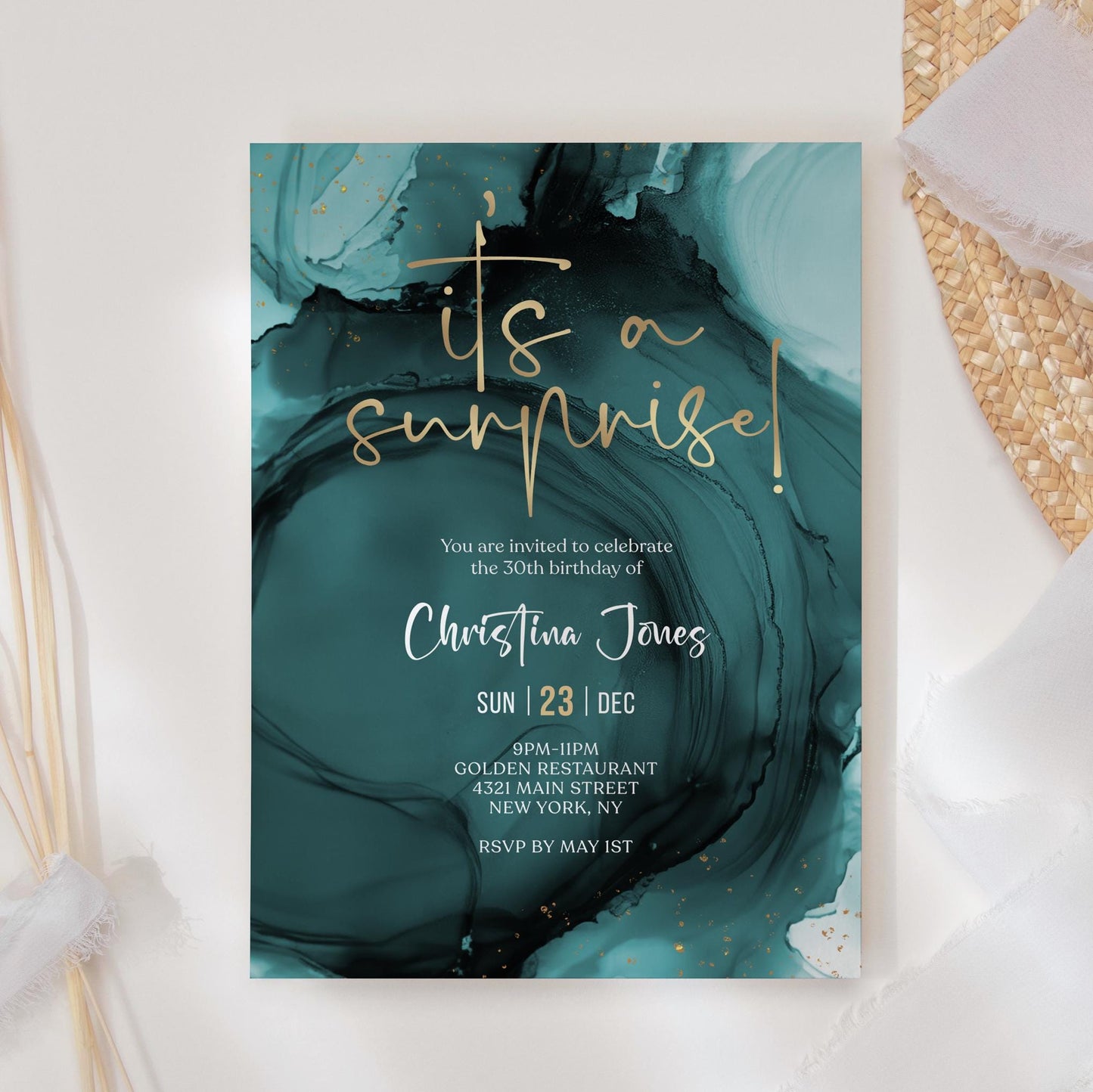 Teal Gold Birthday Surprise Party Invite Card, Editable Any Age Invitation Template, Printable Surprise Invitation Evite, Digital Download