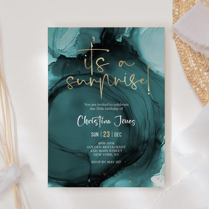 Teal Gold Birthday Surprise Party Invite Card, Editable Any Age Invitation Template, Printable Surprise Invitation Evite, Digital Download