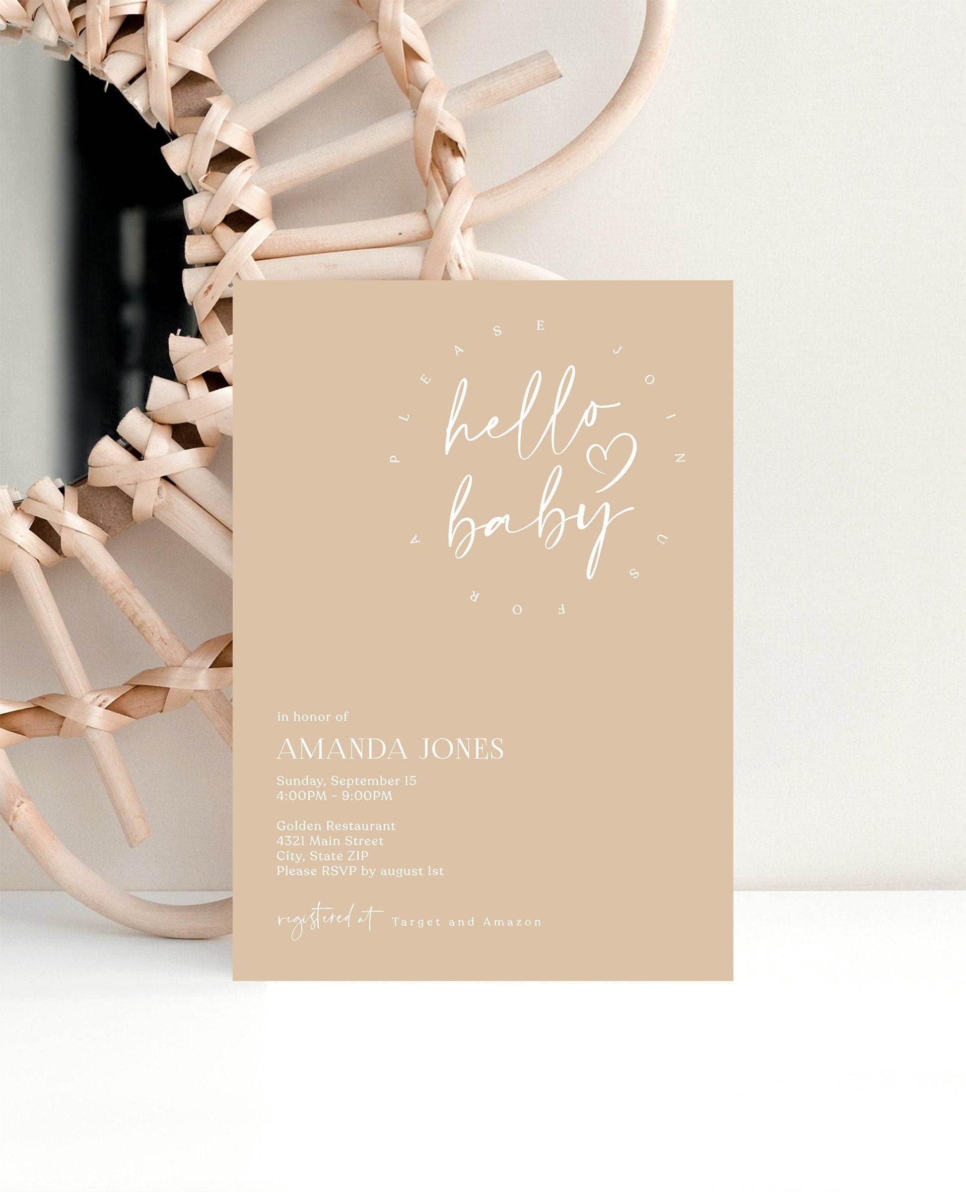 Minimalist Baby Shower Invitation Template – Gender Neutral “Hello Baby” Invite | Editable Modern Shower Card | Digital Download