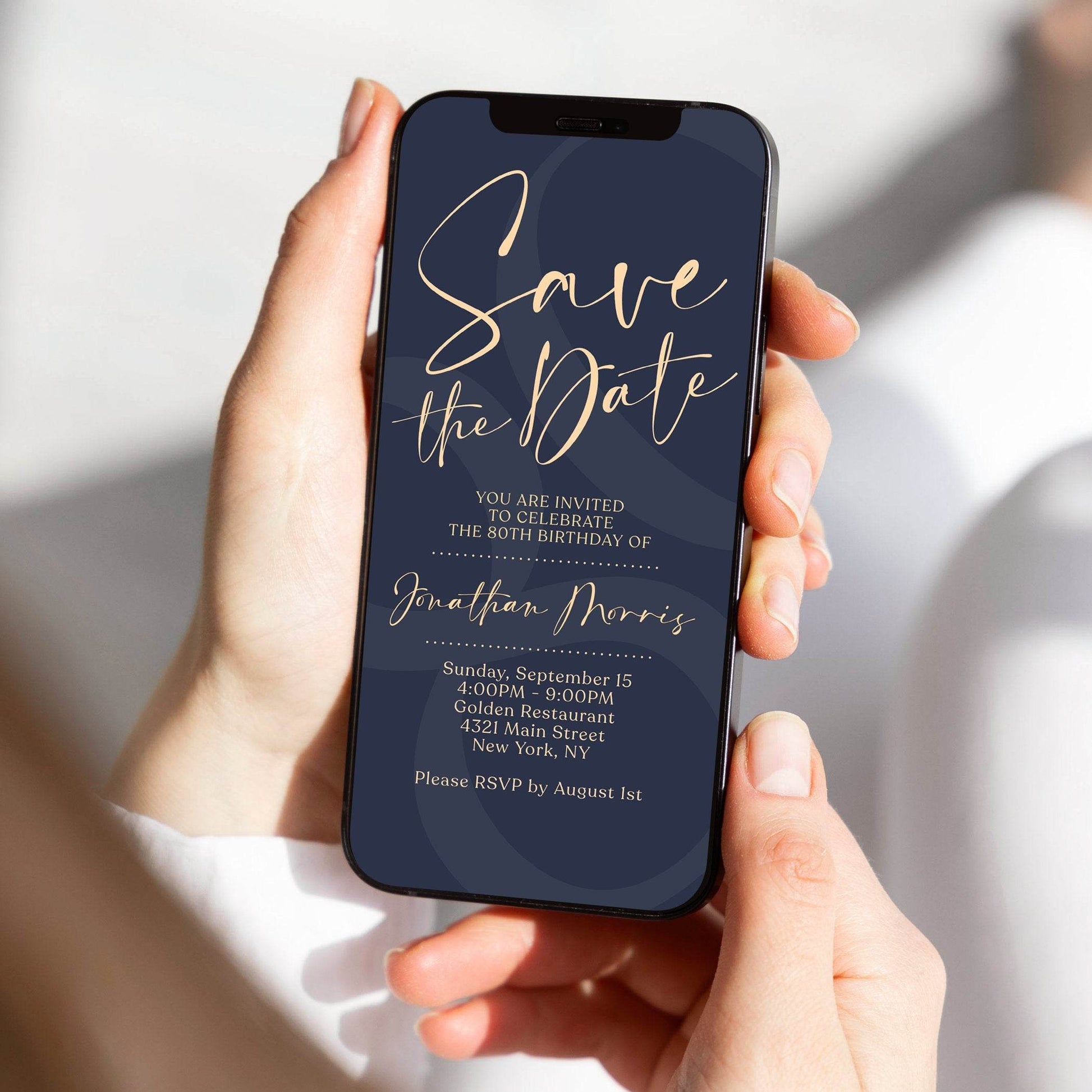 Save the Date 80th Birthday Digital Invitation – Editable Navy Blue Eighty Birthday Save the Date – DIY Phone Text Message Evite – Electronic Invitation Template