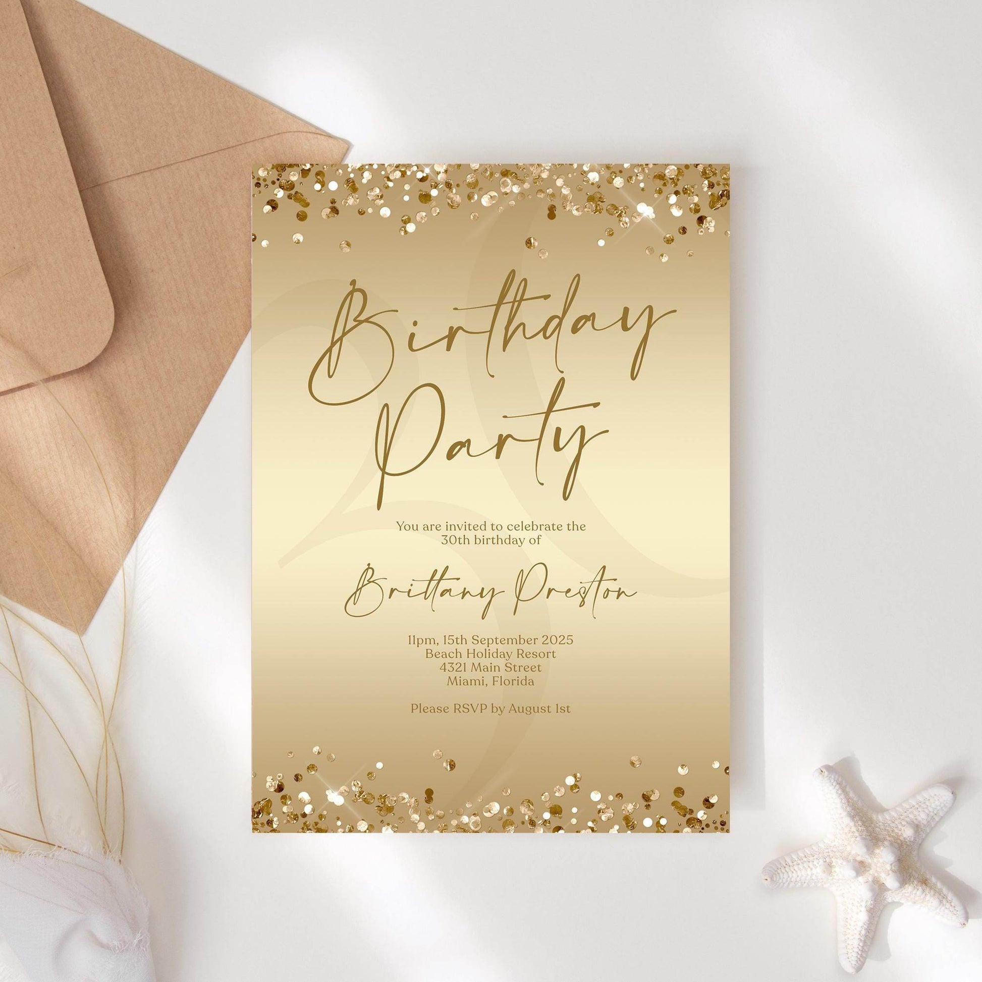 Editable Ladies Golden Birthday Party Invitation Template, Gold Party Invite, Printable Woman Brunch Card, Digital Email Text Message Evite