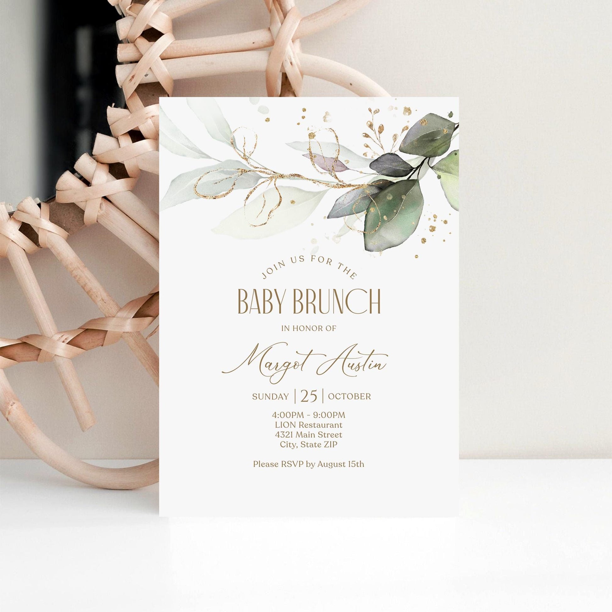 Editable Baby Shower Brunch Invitation Card Template, Greenery Baby Brunch Invite, Printable Baby Brunch Evite, Greenery Leaves Invitation