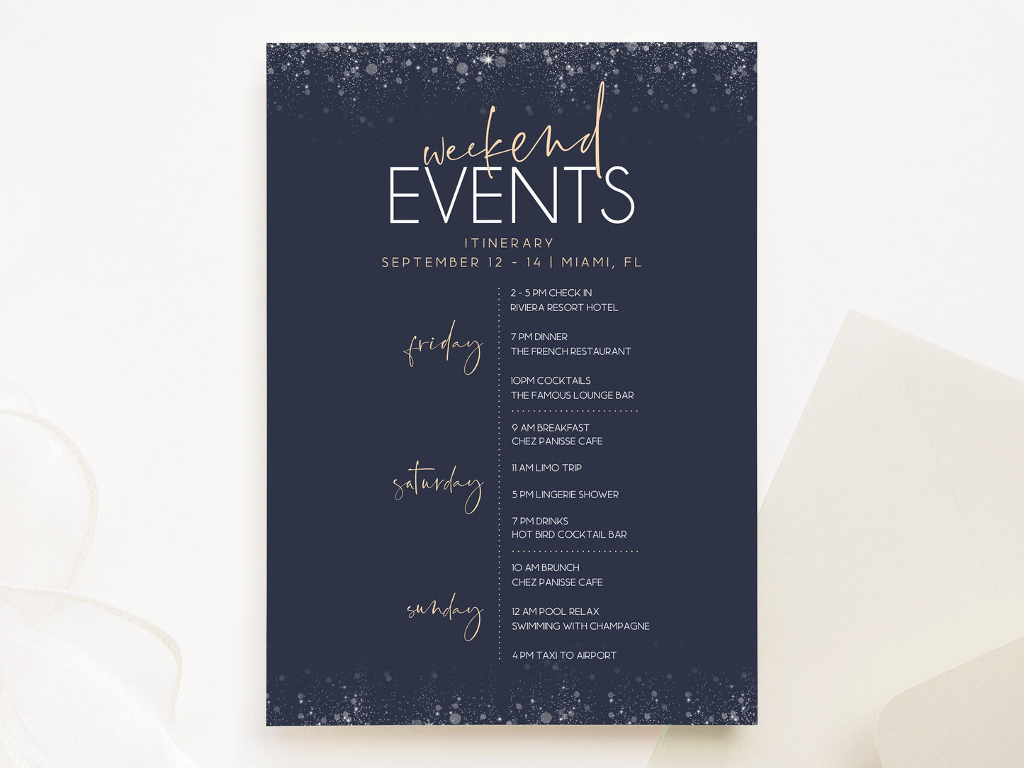 Printable Navy Itinerary Template, Editable Weekend Itinerary, Hens Party Weekend, Birthday Weekend Schedule, Gold Bachelorette Itinerary