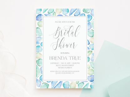 Printable Sea Glass Bridal Shower invitation, Beach Bridal Shower Invite, Editable Invitation Template, Email Text Message, Bridal Shower