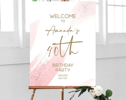 Printable 40th Birthday Party Welcome Sign, Editable Modern Blush Pink Watercolor Template, Women’s Forty Birthday Welcome Poster, Instant Download