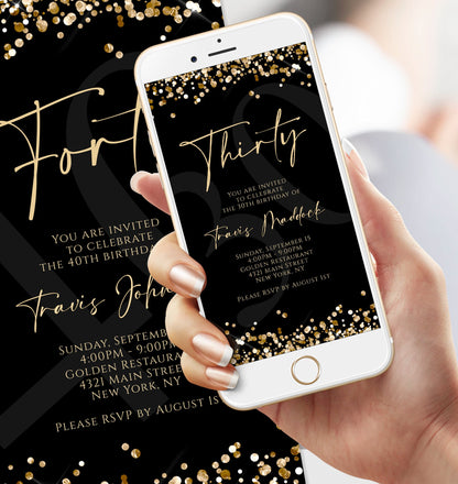 Digital Black Gold Thirty 30th Birthday Invitation Template, Electronic Birthday Invite, Editable Text Message Evite, DIY Modern Invitation
