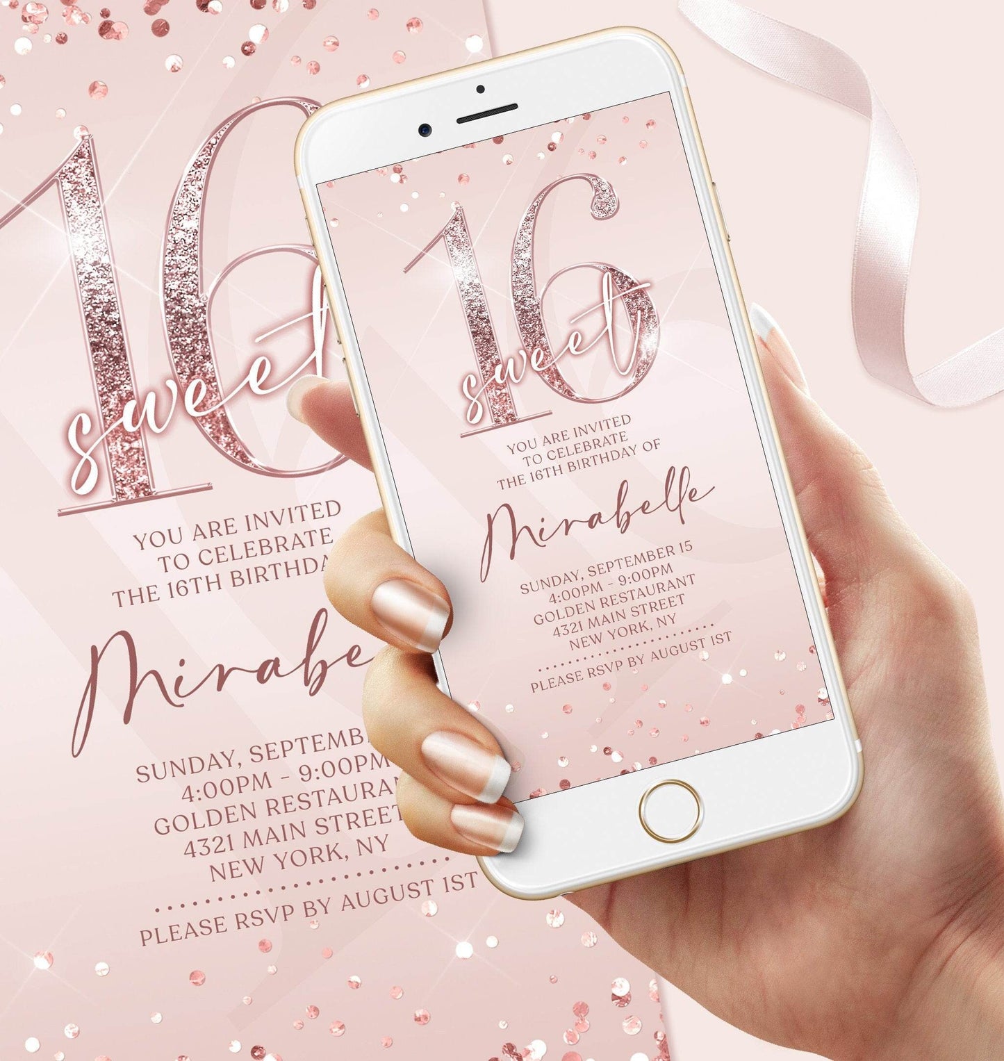 Rose Gold 16th Birthday Invitation, Editable Digital Sixteen Invite, Pink Text Message Evite, Custom Mobile Girl Birthday Template