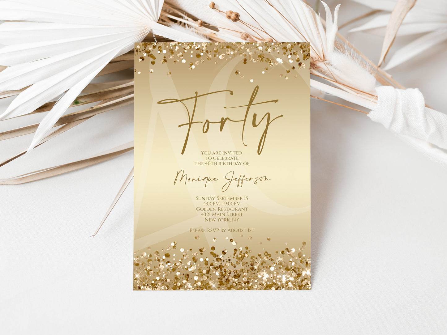 Gold Forty 40th Invitation Template Printable, Luxury Gold Glitter Confetti Invite, Any Age Gold Birthday Party, Editable Email Text Message