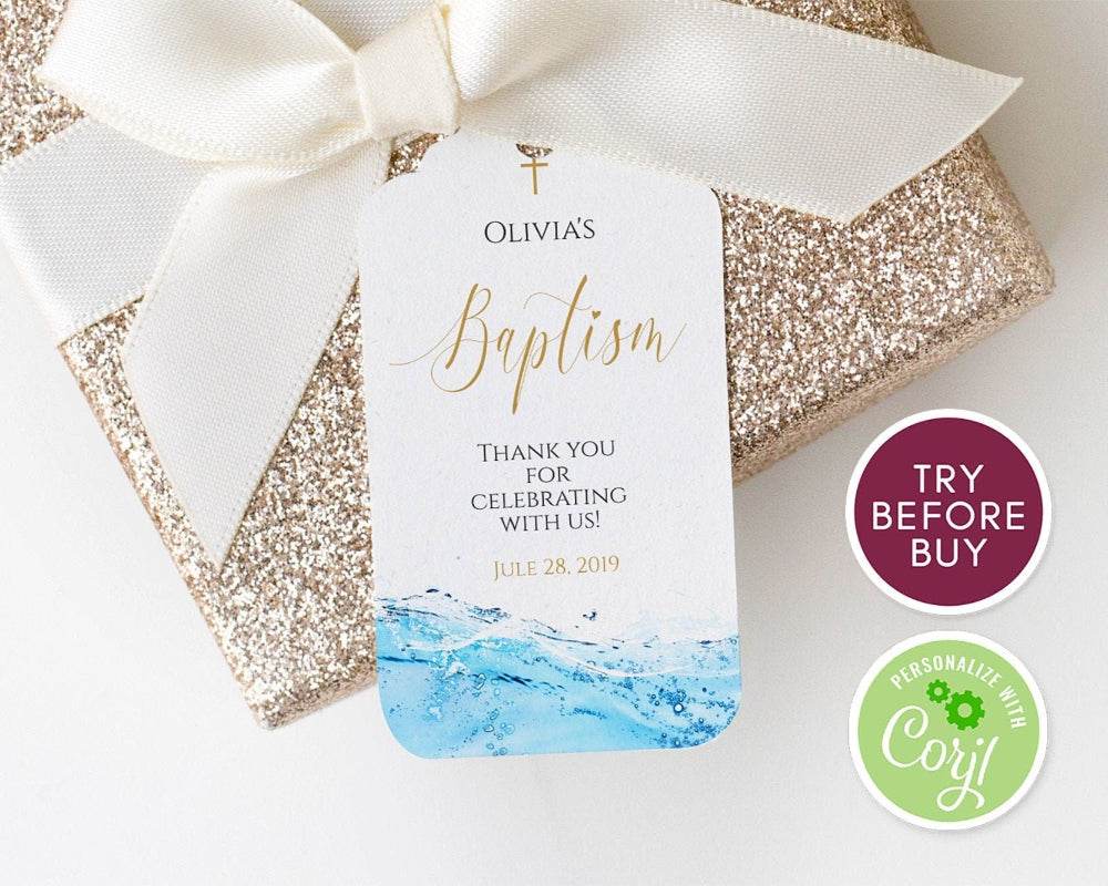 Baptism Water Drops Favor Tag Template, Printable First Communion Tag, Editable Boy or Girl Baptism Christening Thank You Tag, Instant Download