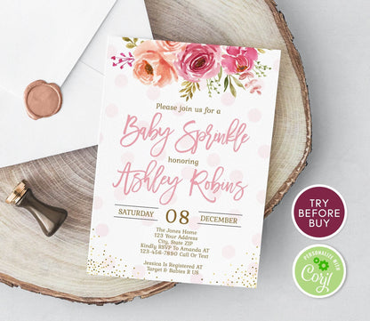 Baby Sprinkle Girl Invitation – Printable Pink Floral Baby Sprinkle Invite | Editable Baby Shower Template | Instant Download