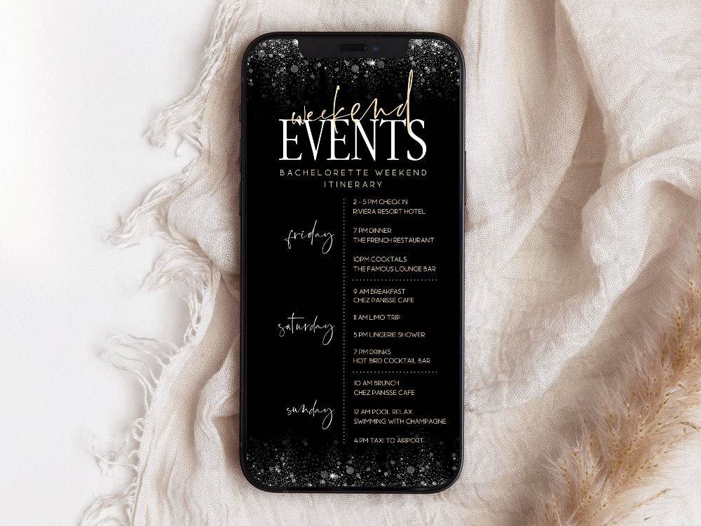 Digital Bachelorette Weekend Itinerary Template, Black Gold Luxury Hens Party Schedule, Editable Electronic Text Message Evite, Instant Download