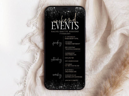 Digital Bachelorette Weekend Itinerary Template, Black Gold Luxury Hens Party Schedule, Editable Electronic Text Message Evite, Instant Download