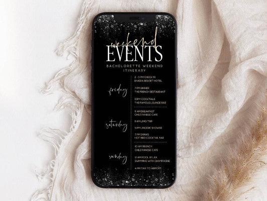 Digital Bachelorette Weekend Itinerary Template, Black Gold Luxury Hens Party Schedule, Editable Electronic Text Message Evite, Instant Download