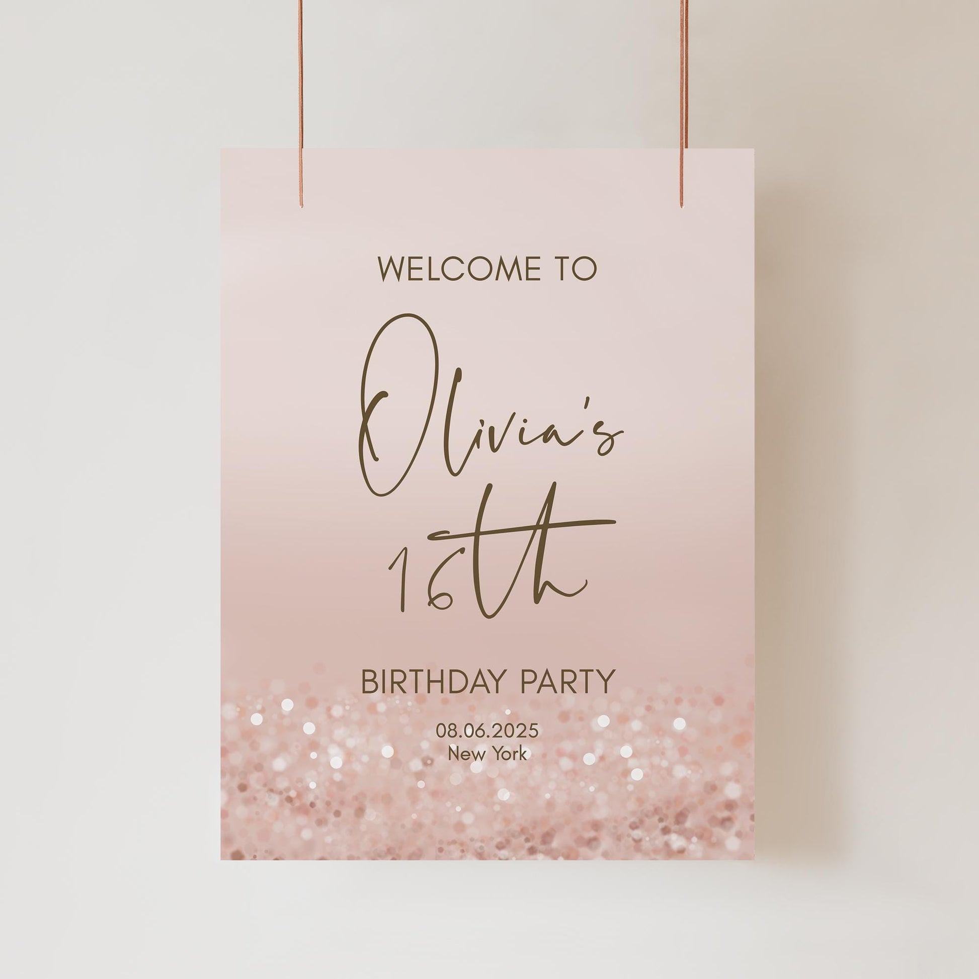 16th Sweet Sixteen Welcome Sign Template Printable, Editable Birthday Party Modern Welcome Poster, Rose Gold Pink Confetti 16 Welcome Banner