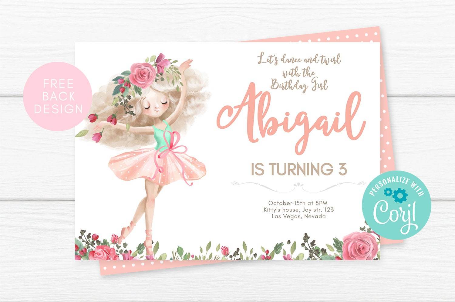 Printable Ballerina Girl Birthday Invitation | Gold Hair Peach Dress Ballerina Invite | Rose Gold Floral Editable Birthday Template | Instant Download
