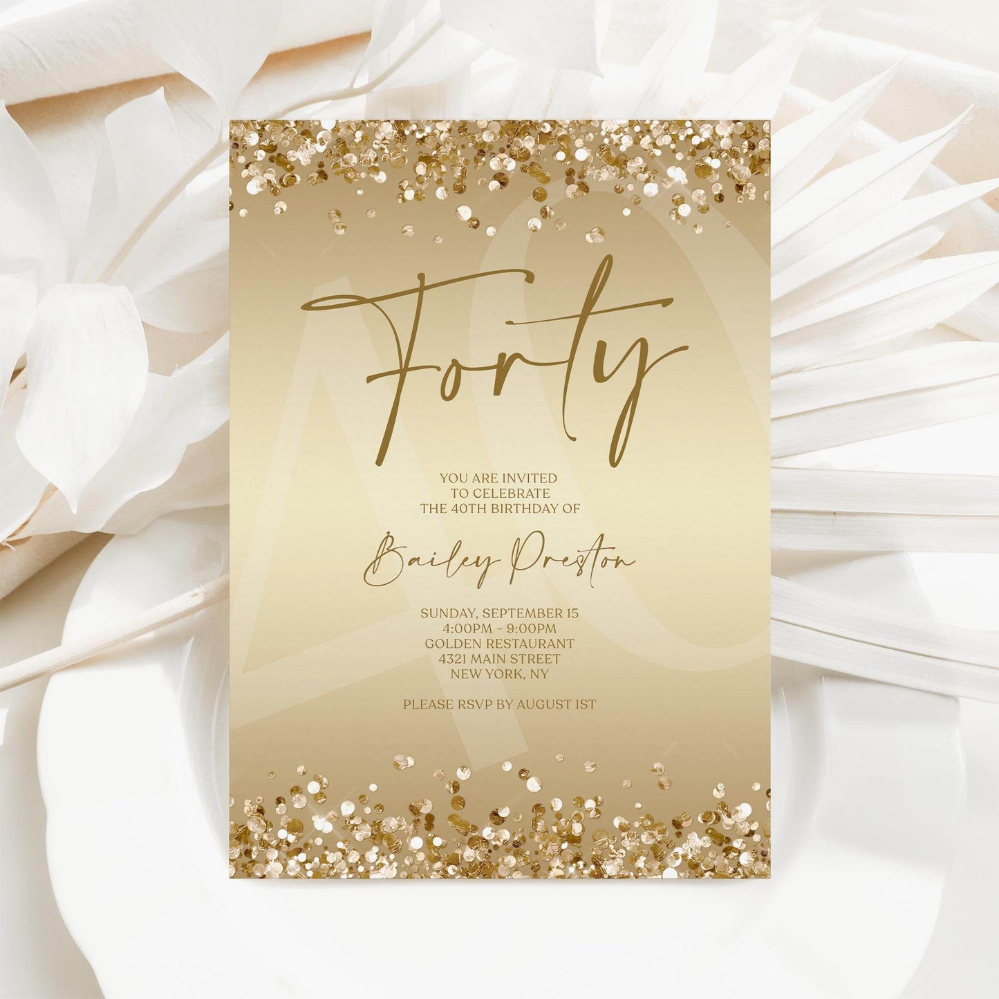Gold 40th Birthday Invitation Template, Editable Forty Party Printable Invite, Ladies Surprise Birthday Evite, Text Message Digital Download