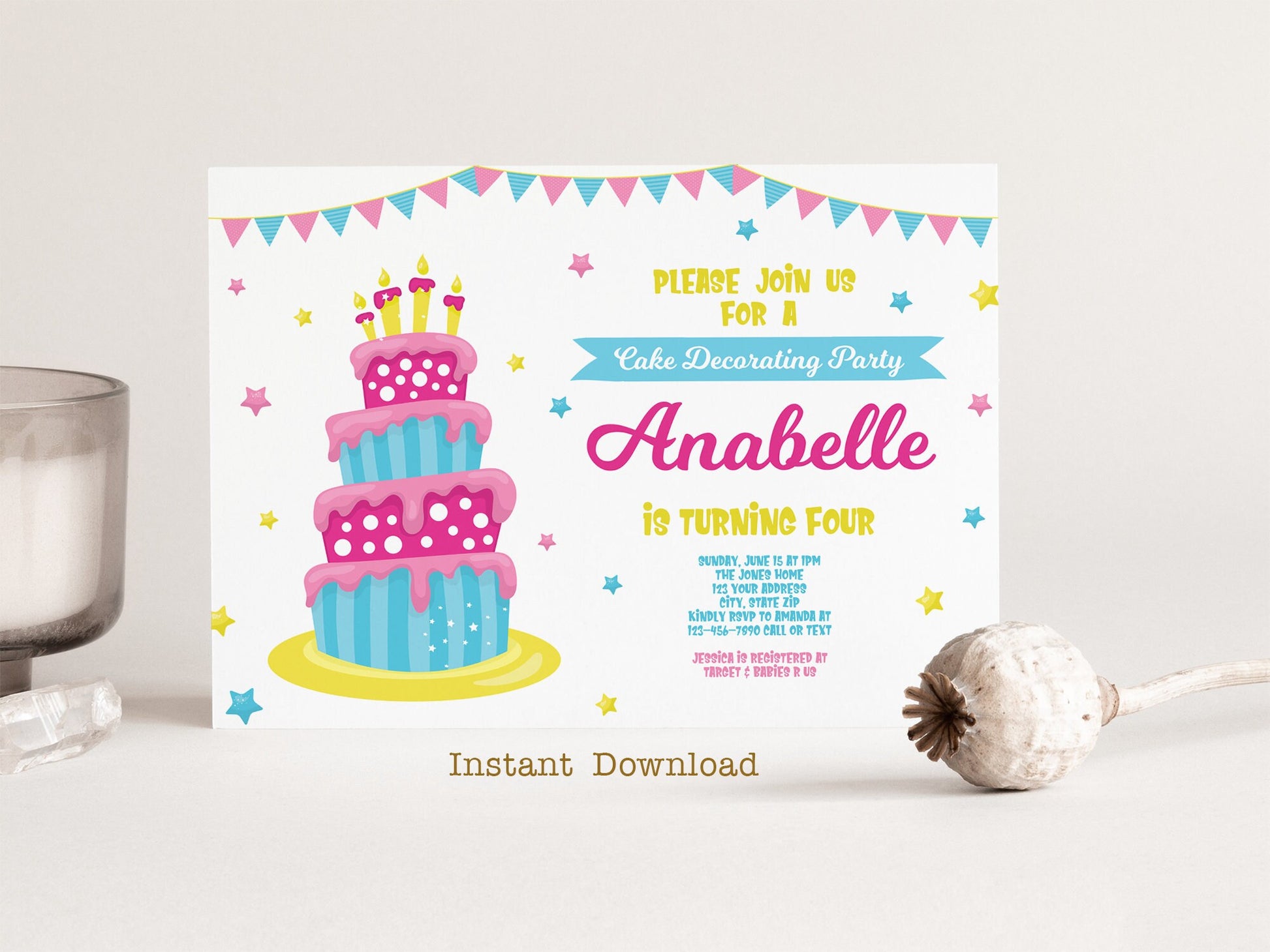 Girl Birthday Invitation Printable, Fun Cake Decorating Birthday Party Invite, Editable DIY Invitation, Instant Download