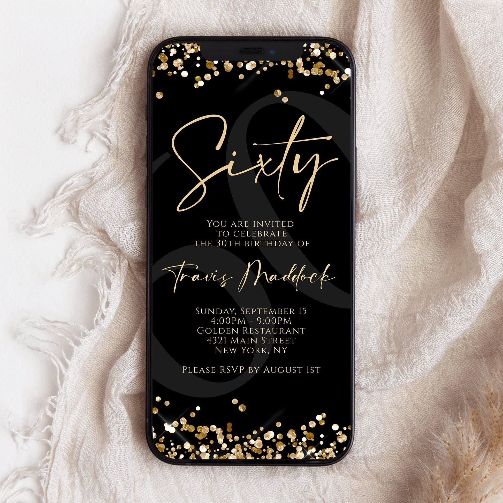 Digital Black Gold Sixty 60th Birthday Invitation Template, Electronic Birthday Invite, Editable Text Message Evite, Modern Black Invitation