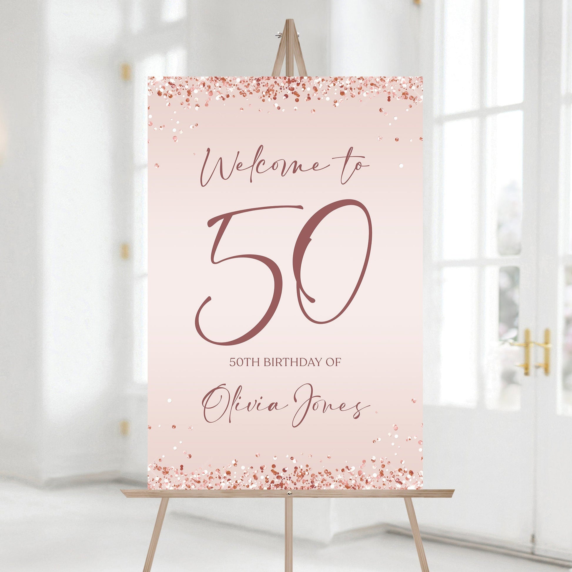 Rose Gold 50th Birthday Welcome Sign | Editable Template - Celebrate in Style