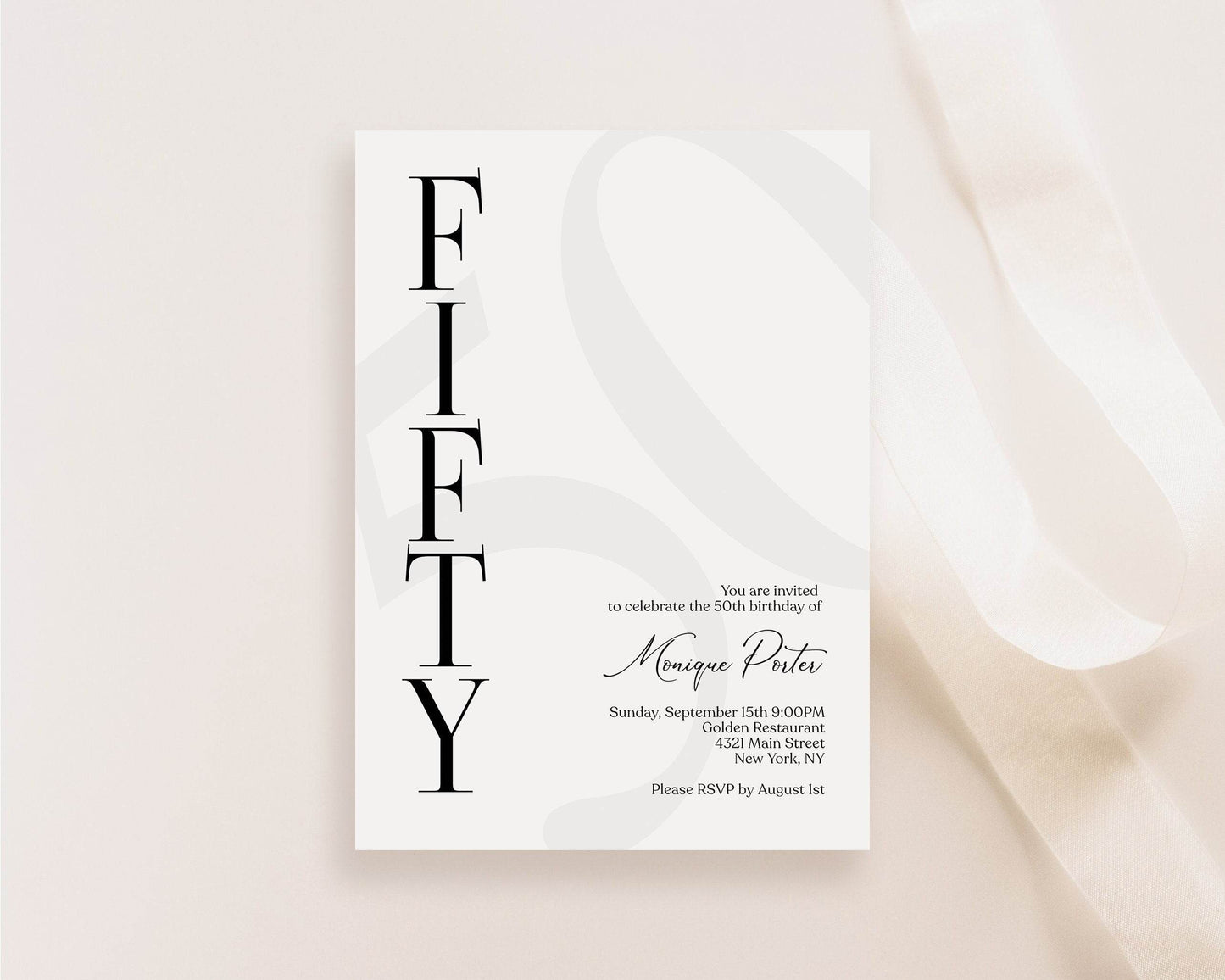 Simple 50th Birthday Invitation Template, Modern Black and White Printable Invite, Elegant Editable Fifty Birthday Card, Instant Download