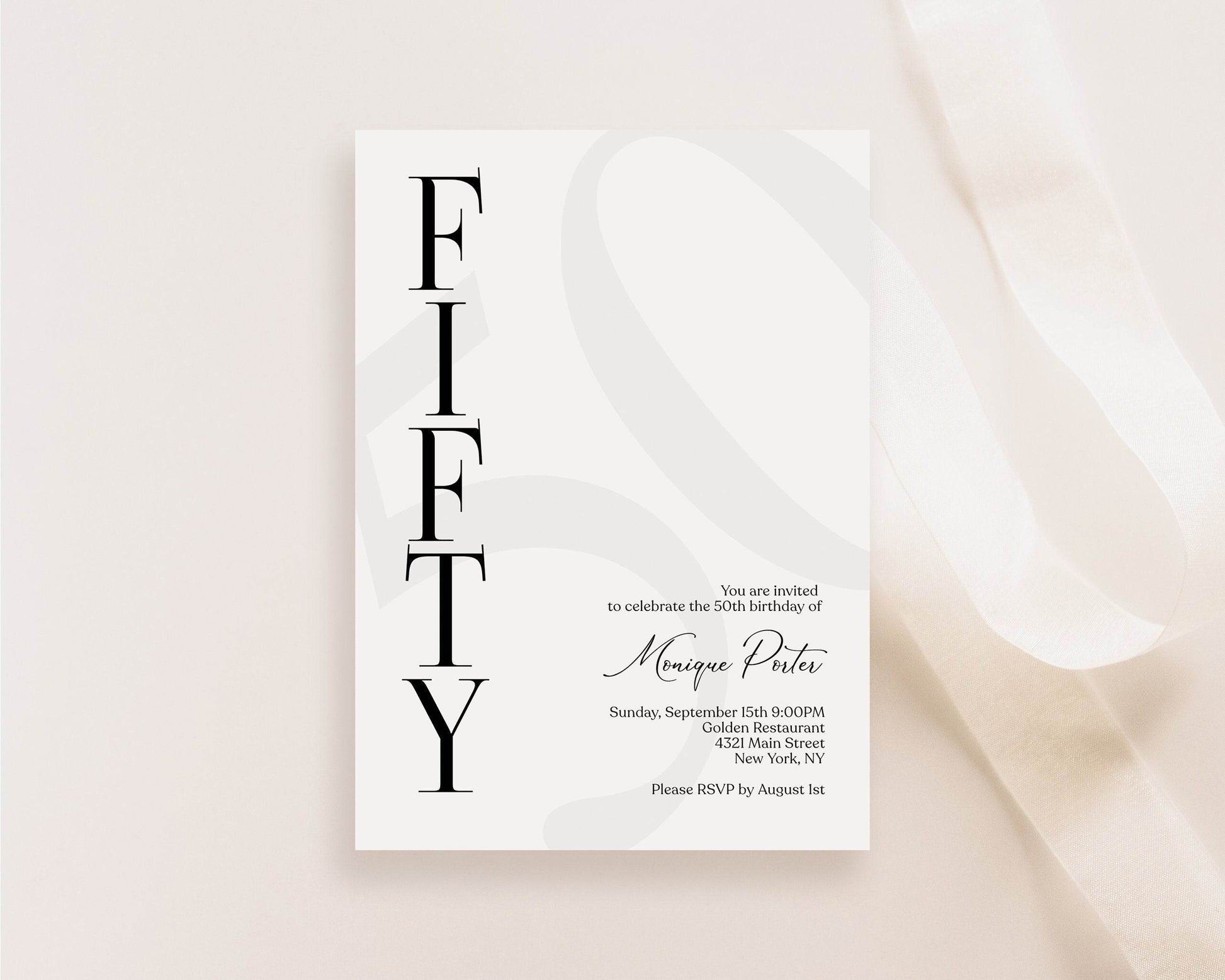Simple 50th Birthday Invitation Template, Modern Black and White Printable Invite, Elegant Editable Fifty Birthday Card, Instant Download