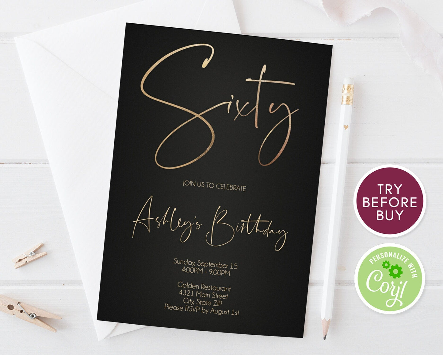 60th Birthday Invitation Template, Black Gold Sixty Party Invite, Printable Editable Birthday Card, Instant Download