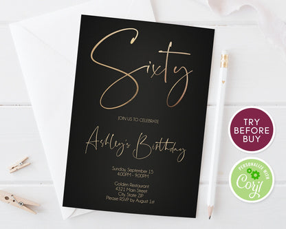 60th Birthday Invitation Template, Black Gold Sixty Party Invite, Printable Editable Birthday Card, Instant Download