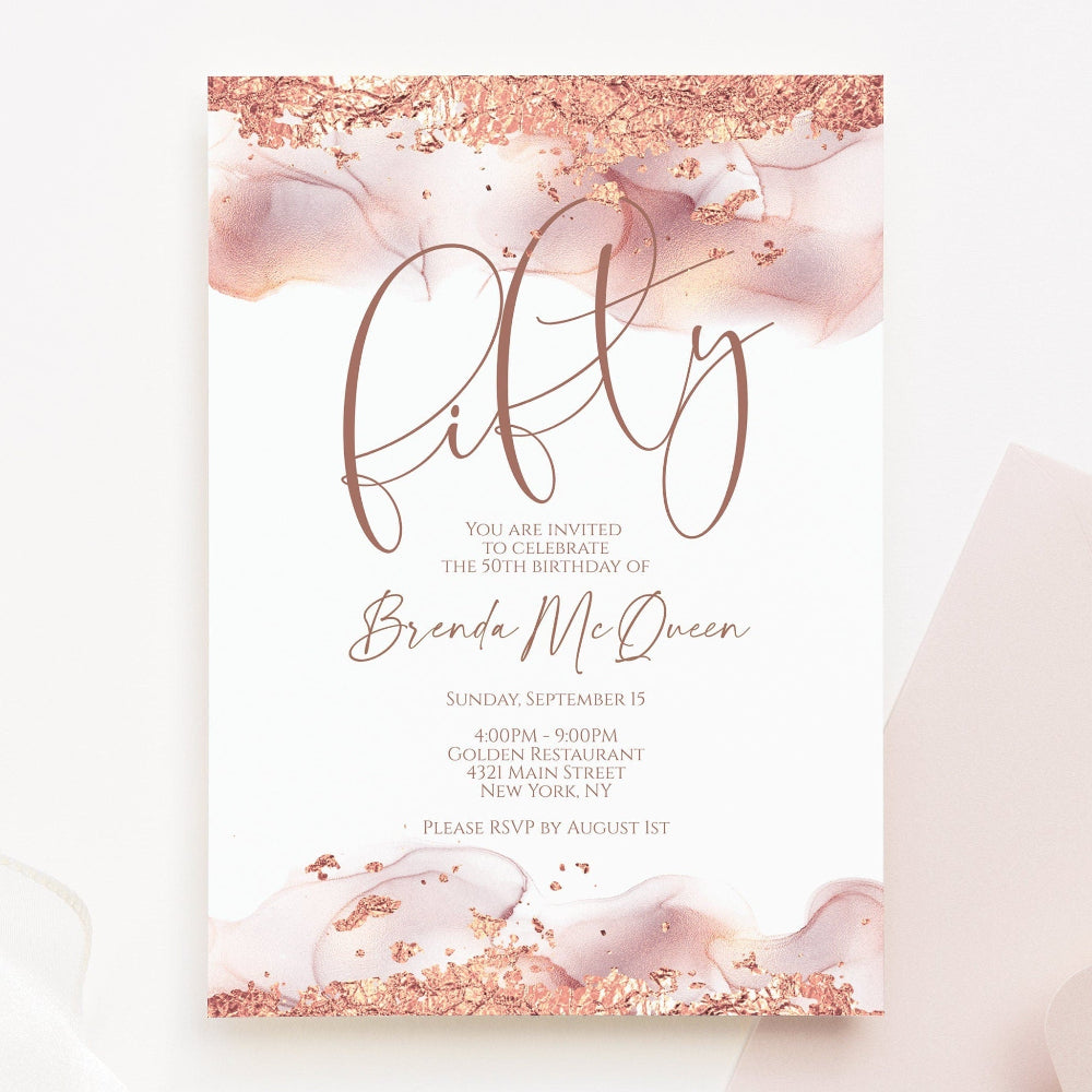 Printable 50th Fifty Birthday Invitation, Editable Rose Gold Foil Blush Birthday Invite Email Template, DIY Digital Invite, Instant Download