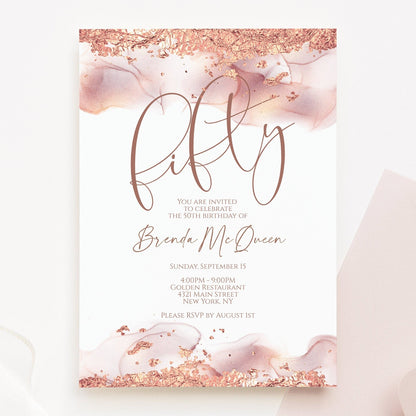 Printable 50th Fifty Birthday Invitation, Editable Rose Gold Foil Blush Birthday Invite Email Template, DIY Digital Invite, Instant Download