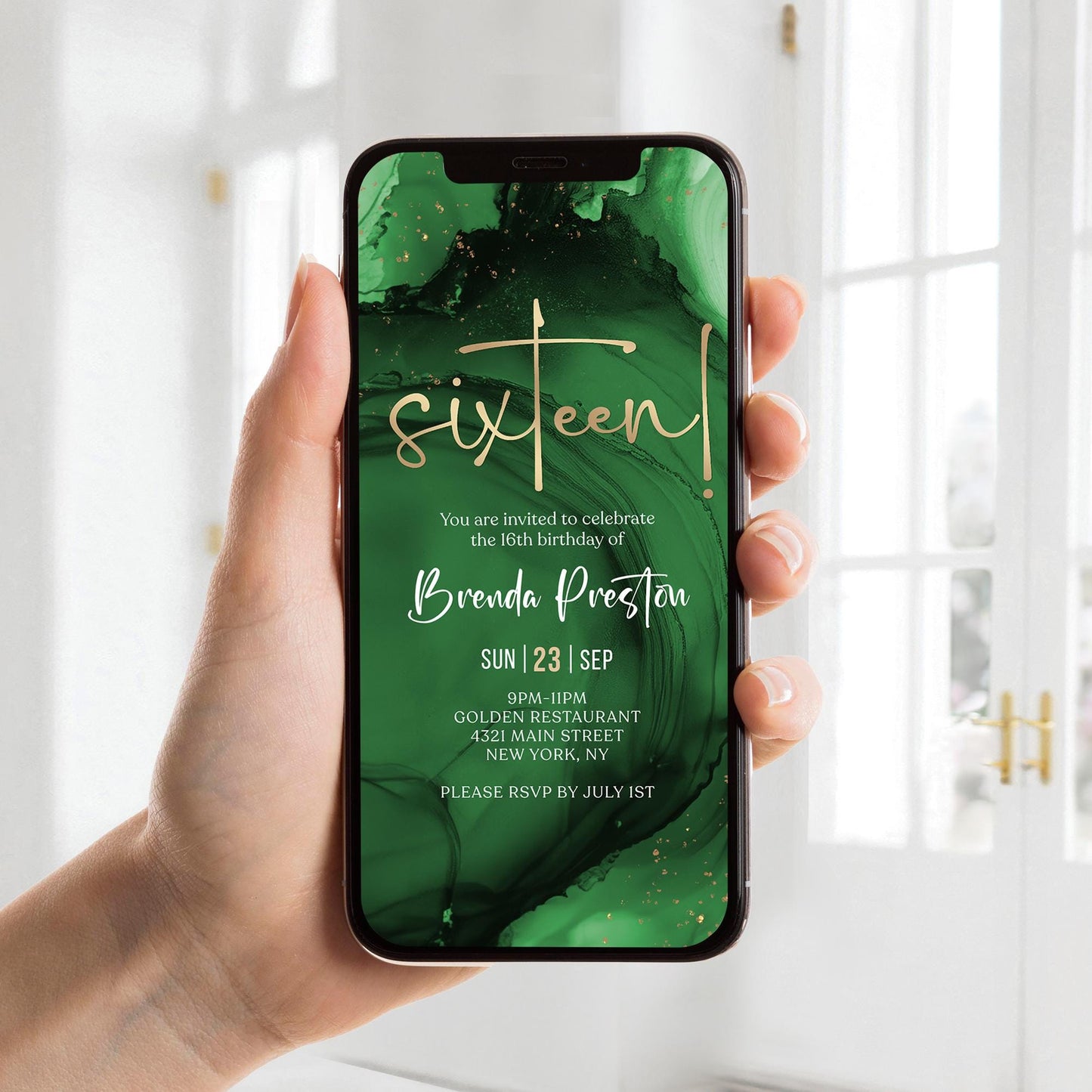 Digital Green Emerald Gold 16th Sixteen Birthday Invitation Template, Electronic Sixteen Invite, Editable Invitation, Text Message Evite