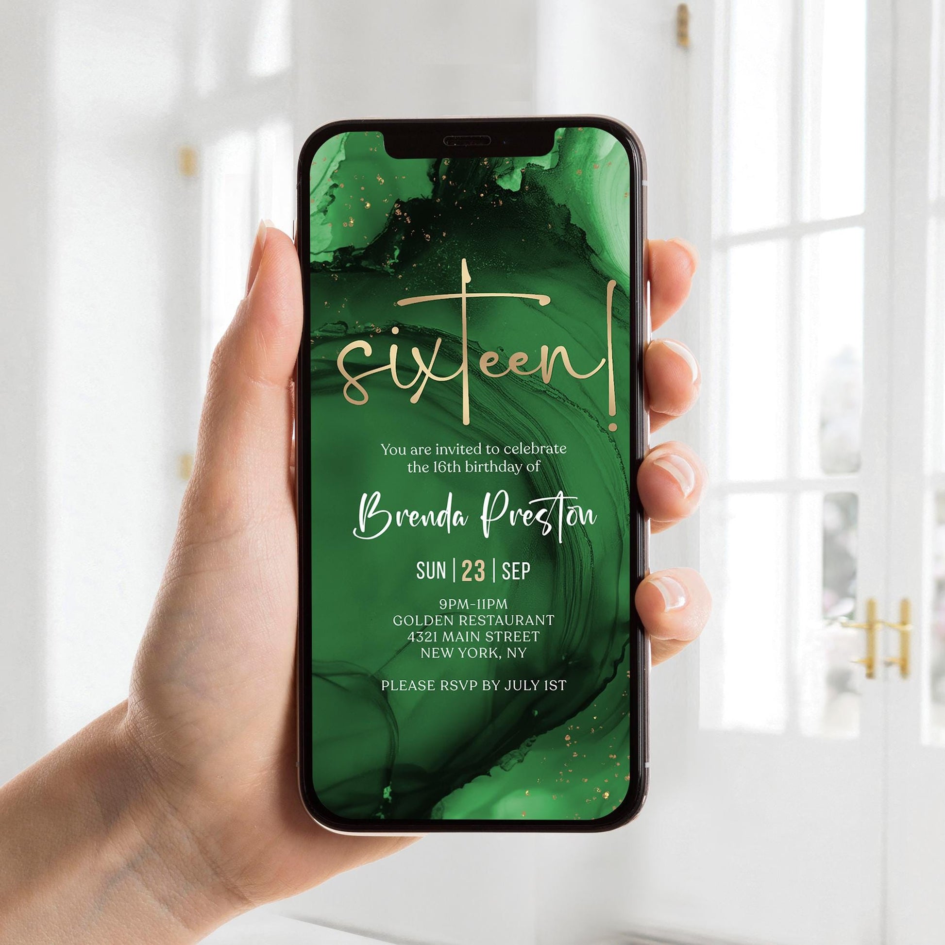 Digital Green Emerald Gold 16th Sixteen Birthday Invitation Template, Electronic Sixteen Invite, Editable Invitation, Text Message Evite
