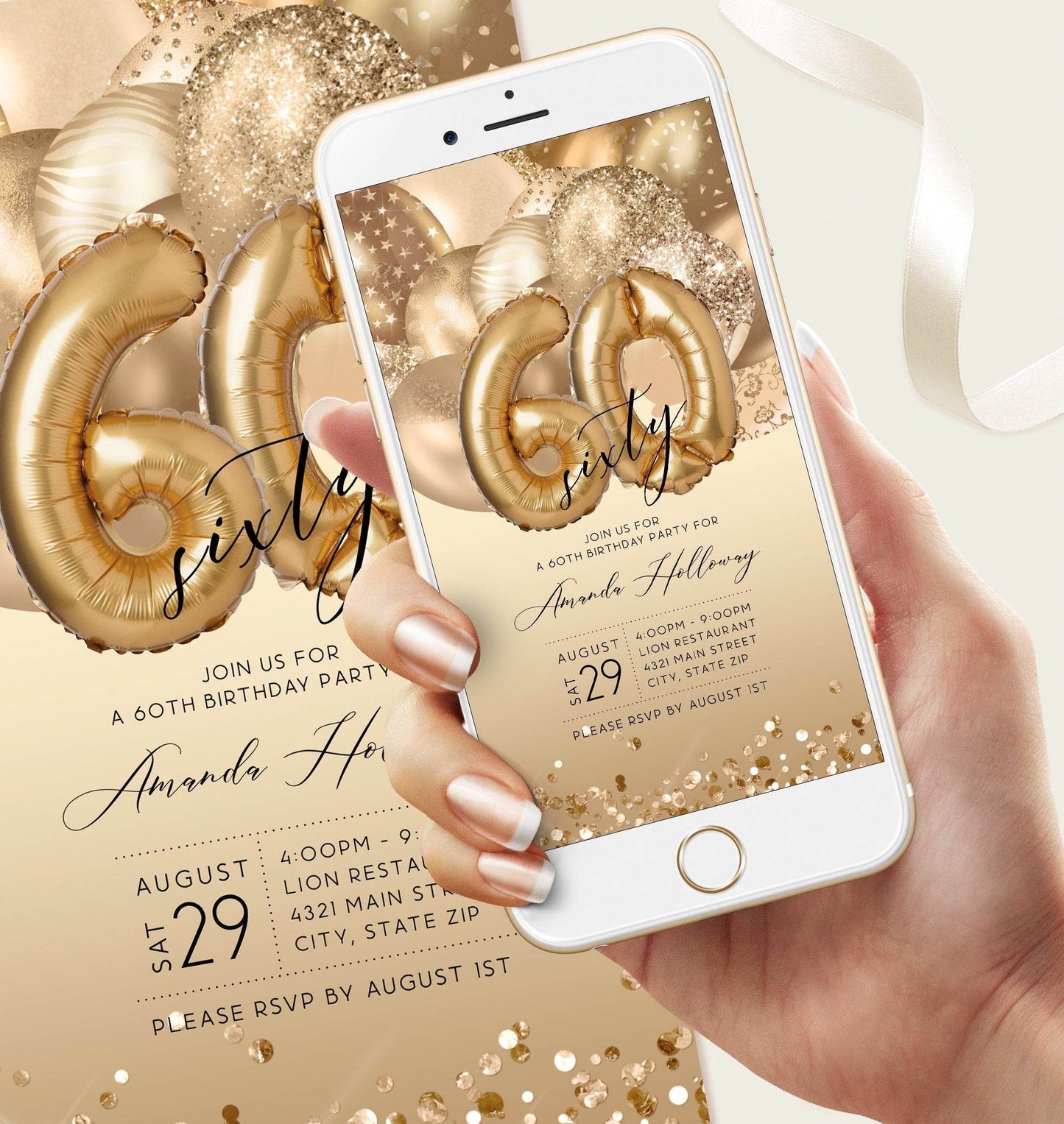 Digital 60th Birthday Electronic Invitation, Editable Gold Balloons Invite, Text Message Evite, Custom Mobile Phone Invitation, Instant Download