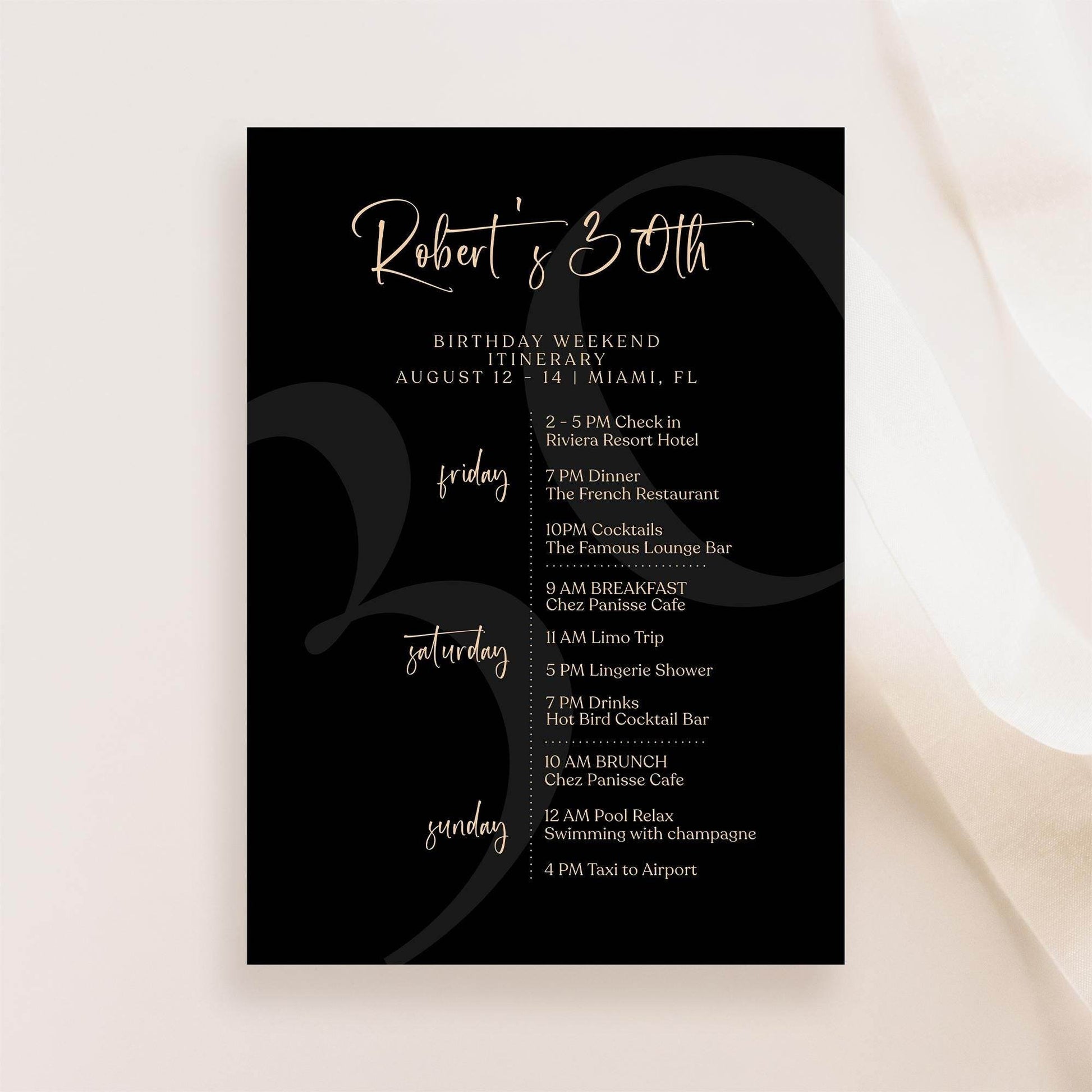 Black Gold 30th Birthday Itinerary Template, Printable Weekend Schedule, Editable Minimalist Mens Birthday Weekend Itinerary Download