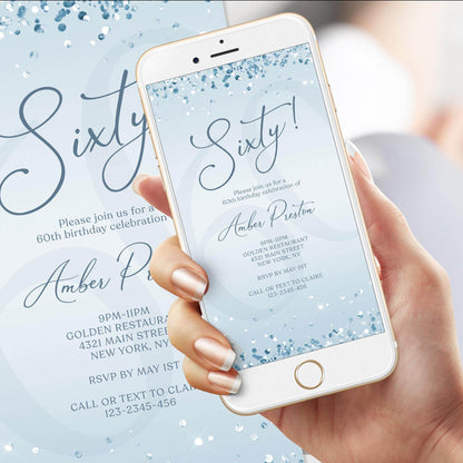 Electronic Blue Silver 60th Birthday Invitation Template – Editable Mobile Evite | Digital Phone Invitation | Email Text Message Invite | Instant Download