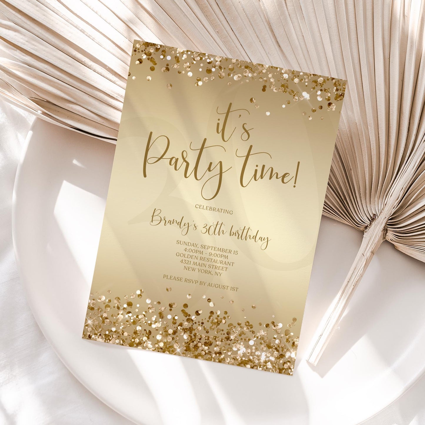 Gold Party Time Invitation Template - Luxury Editable Design