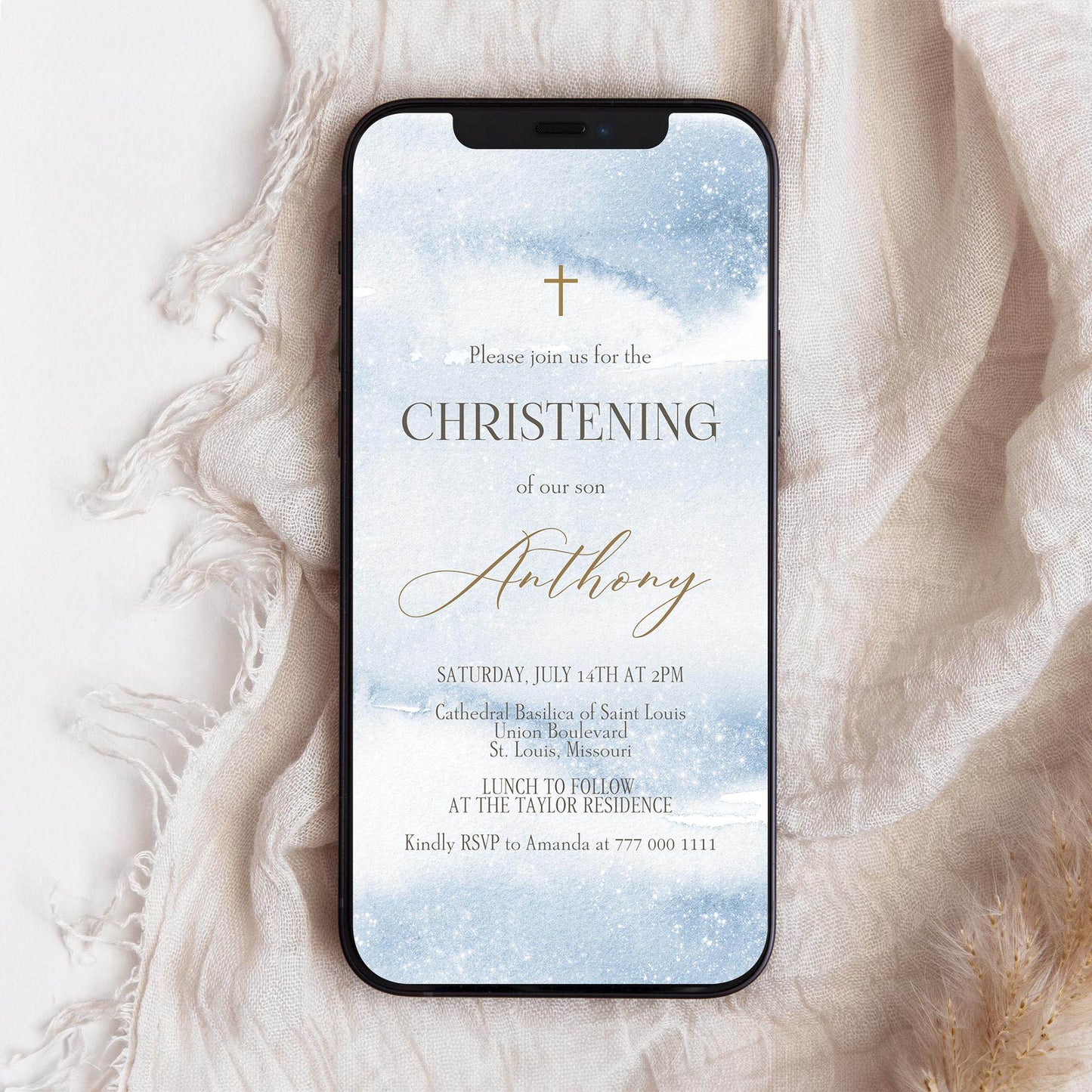 Boy Christening Invitation Template | Blue Watercolor Baptism Evite | Editable Digital Invite | Gold Christening Text Message Evite | Instant Download
